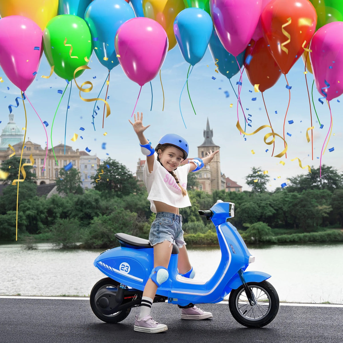SaveJoy 24V Motorcycle for Kids Ages 8+ Retro Ride on Toys , LED Light-Up Electric Ride On Car,Durable Outdoor Gift for Boys & Girls,Blue