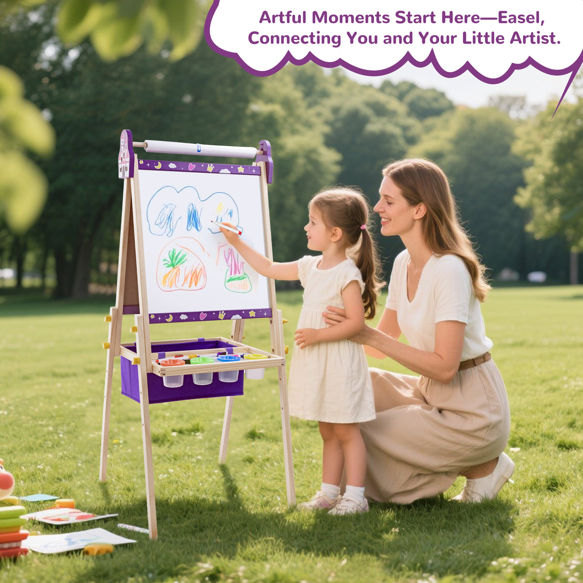 SaveJoy Kids Art Easel, Wooden 3-in-1 Double-Sided Adjustable Easel with Accessories, Purple, Ages 3+