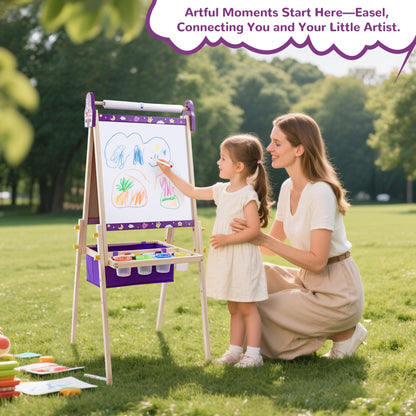 SaveJoy Kids Art Easel, Wooden 3-in-1 Double-Sided Adjustable Easel with Accessories, Purple, Ages 3+