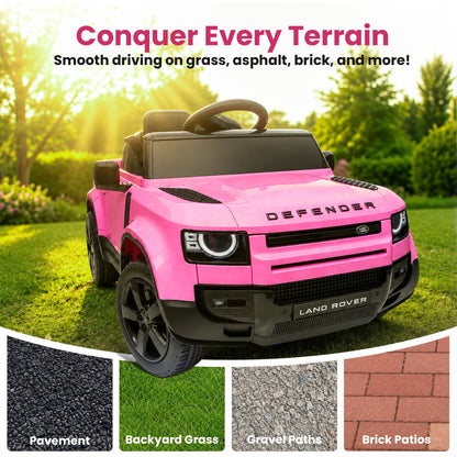 SaveJoy 12V Licensed Land Rover Defender Ride on Car, Electric Truck for Kids with 2.4G Remote Control, 3-Point Belt, Spring Suspension, Bluetooth, Pink