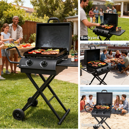 Hvoonc Portable Propane Gas Grill,17000BTUs Foldable Barbecue Grill with 2-Burner,Outdoor Grill for Backyard, Camping and Picnics,Black