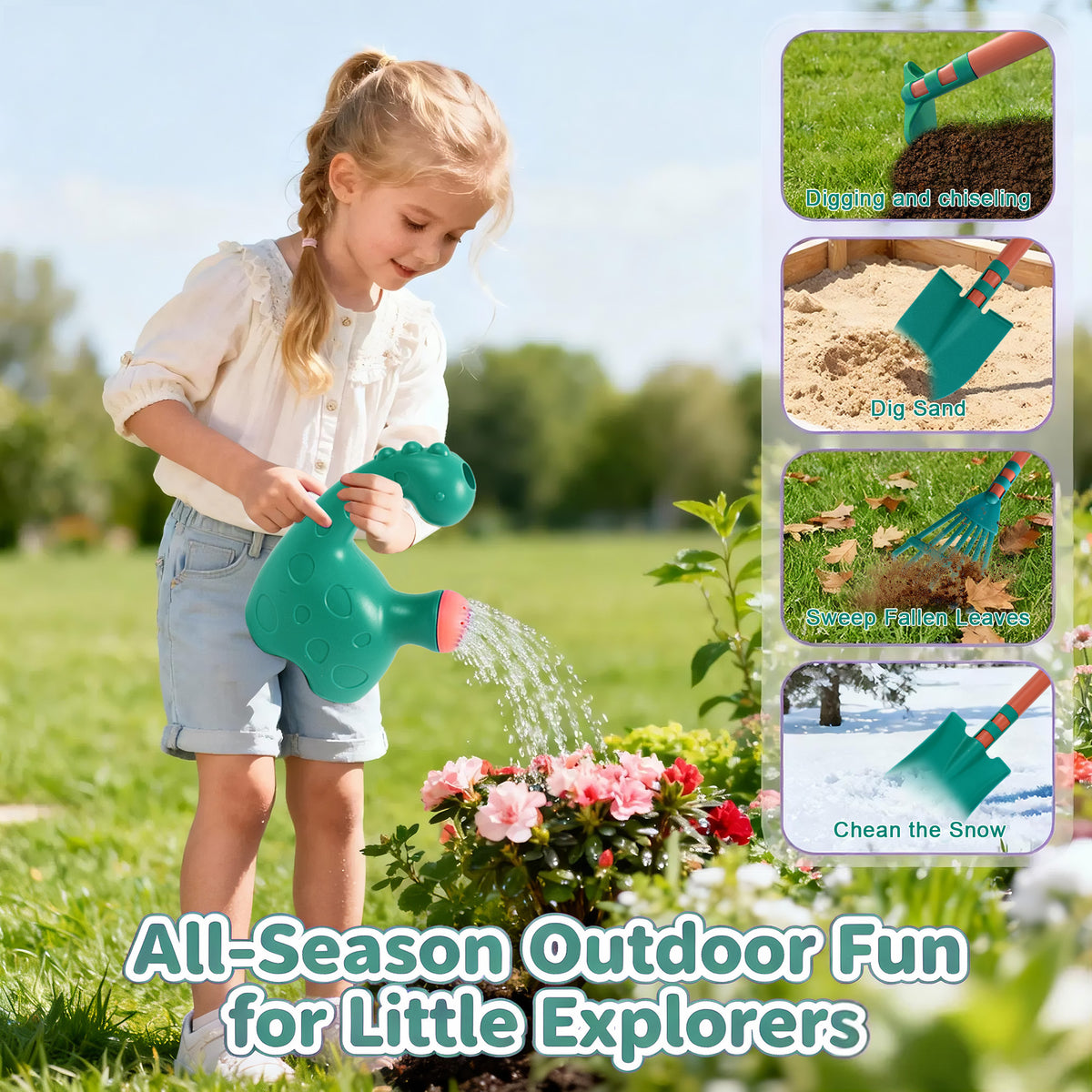 SaveJoy Kids Gardening Tools Set,Toddler Garden Outdoor Toys,Kids Wheelbarrow with Watering Can,Shovel,Rake,Hoe,outdoor toys for kids Age 4-8,Green