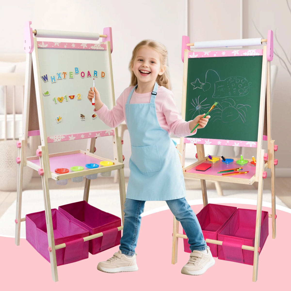 SaveJoy Kids Art Easel 3-in-1 Wooden Double Sided ,Magnetic Whiteboard, Adjustable Standing Drawing Board with Accessories for Boys & Girls,Pink