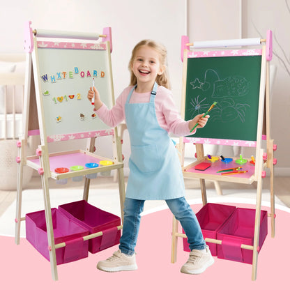 SaveJoy Kids Art Easel 3-in-1 Wooden Double Sided ,Magnetic Whiteboard, Adjustable Standing Drawing Board with Accessories for Boys & Girls,Pink
