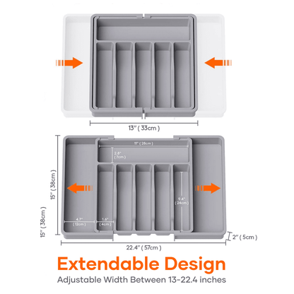 ORFELD Extendable Utensil Tray for Drawer,Multipurpose Kitchen Organizers and Storage Solution，Adjustable BPA-Free Cutlery Holder for Spoons, Forks, Grey