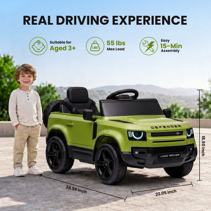 SaveJoy 12V Licensed Land Rover Defender Ride on Car, Electric Truck for Kids with 2.4G Remote Control, 3-Point Belt, Spring Suspension, Bluetooth, Green