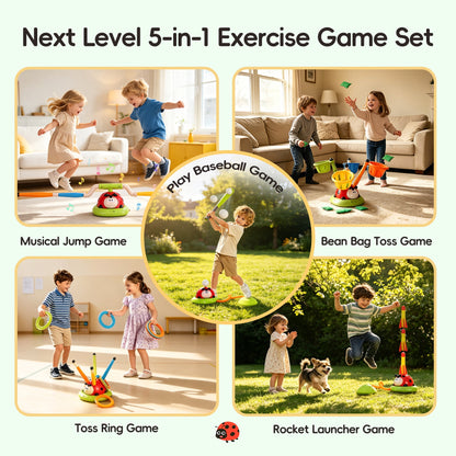 SaveJoy Kids Sports Toy 5-in-1, Outdoor Active Play Set with Rocket Launcher, Baseball & Toss Games, Musical Jump Toy for Ages 3-12