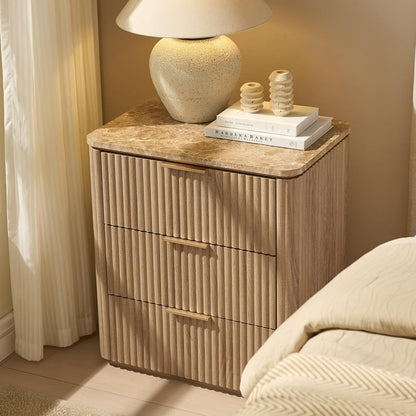 Hvoonc Fluted Nightstand with 3 Drawers, Solid Wood & Faux Marble Bedside Table, Modern Accent Furniture for Bedroom, Natural Oak