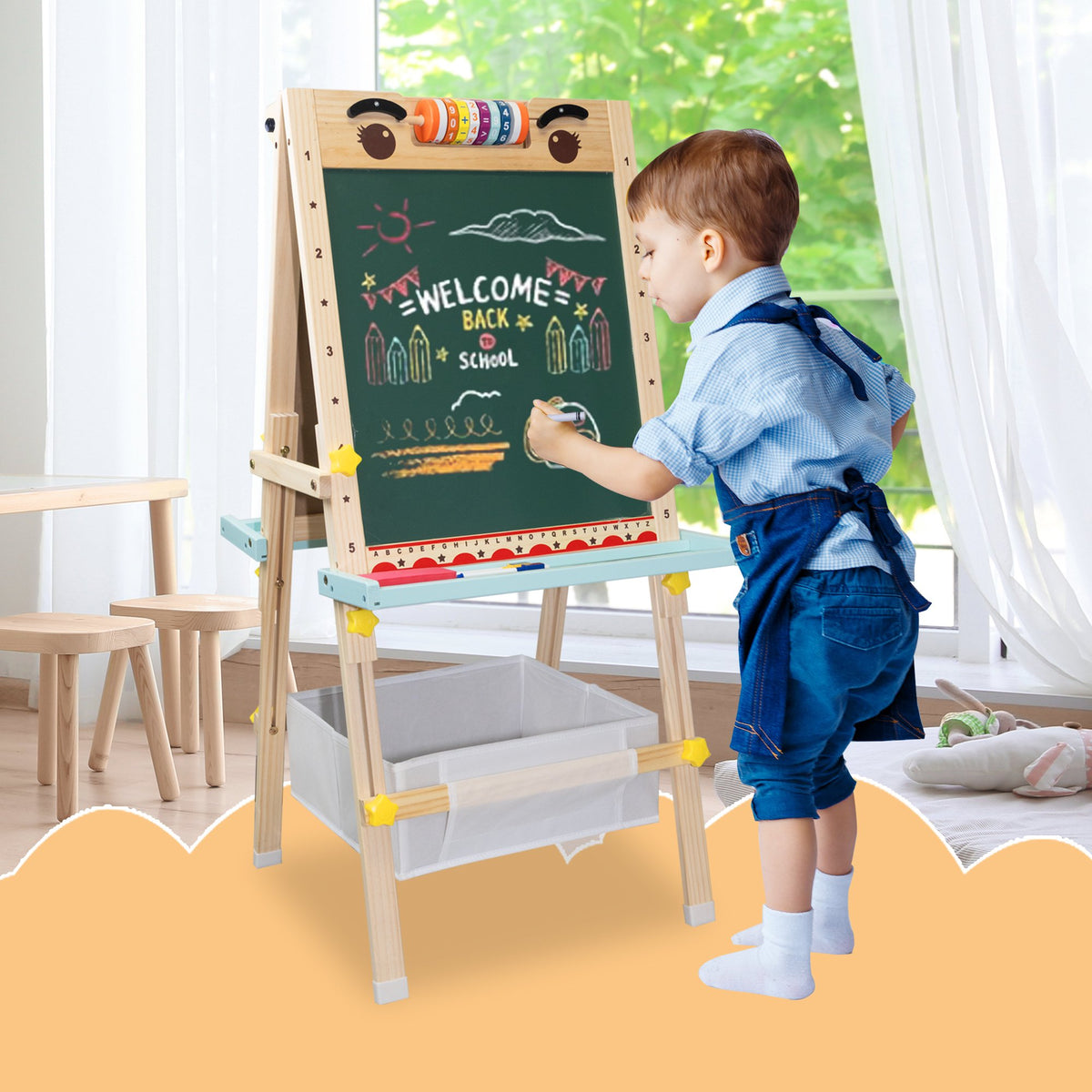 SaveJoy Kids Art Easel with Paper Roll,Double-Sided Adjustable Standing Drawing Board with Accessories Toddlers Easel