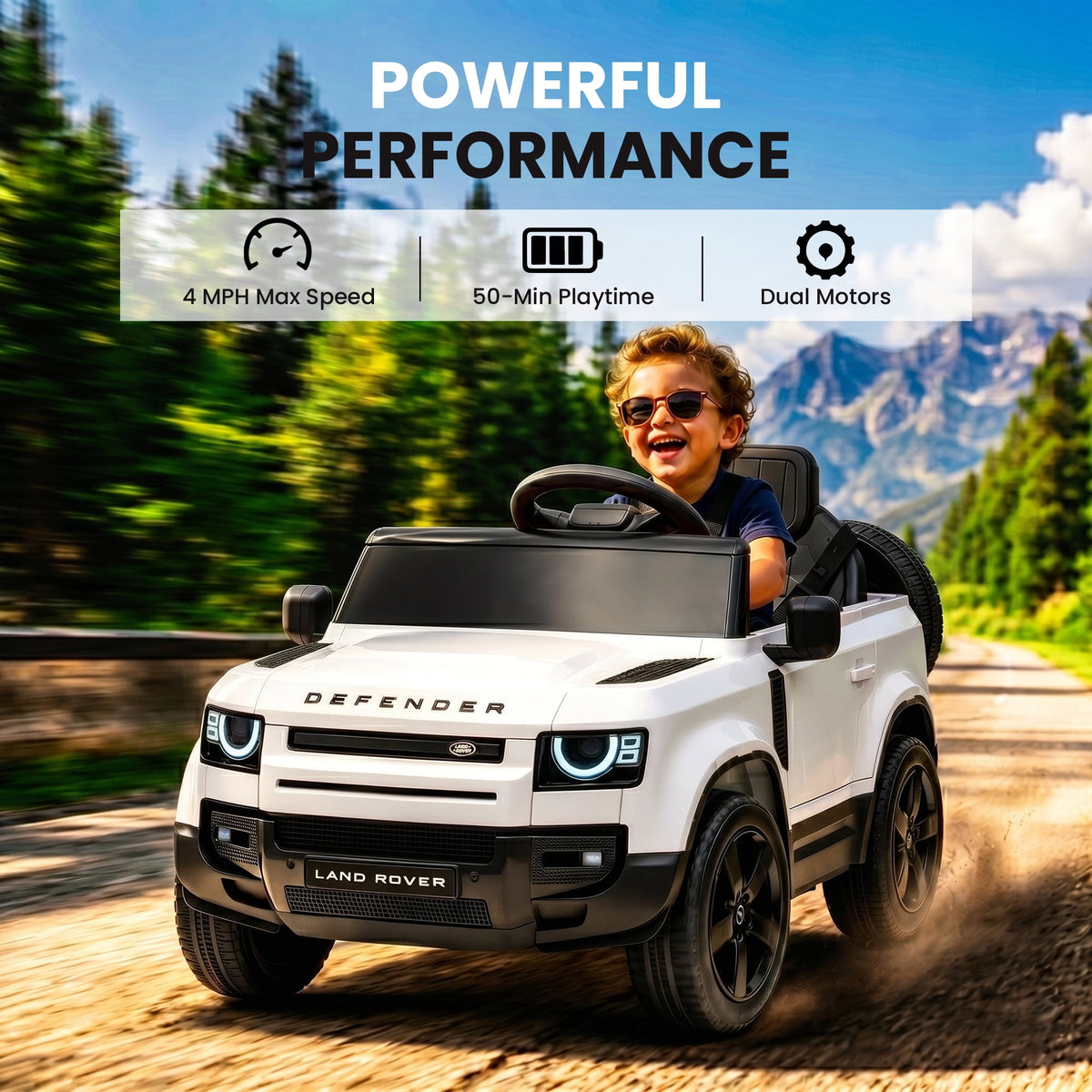 SaveJoy 12V Licensed Land Rover Defender Ride on Car, Electric Truck for Kids with 2.4G Remote Control, 3-Point Belt, Spring Suspension, Bluetooth, White