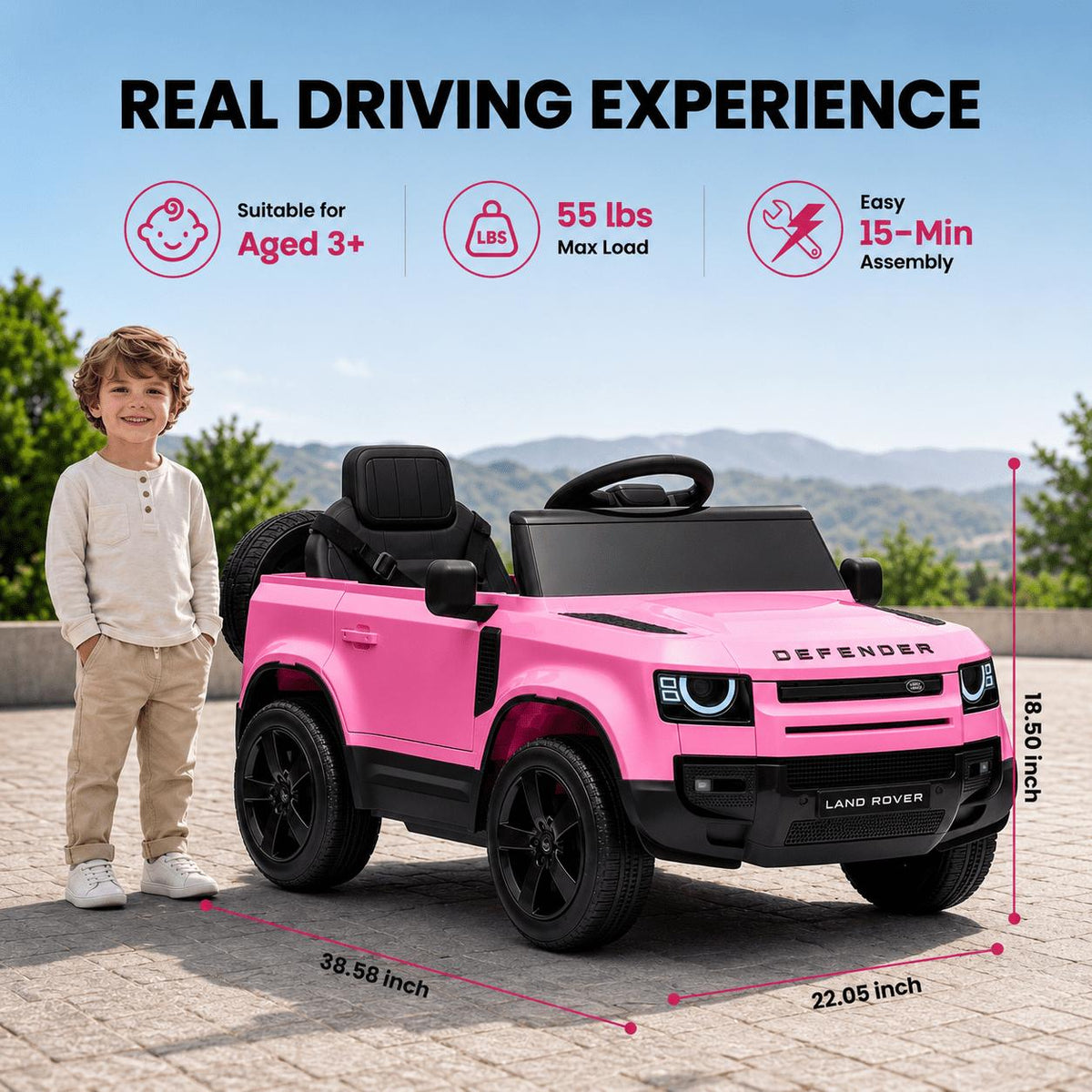 SaveJoy 12V Licensed Land Rover Defender Ride on Car, Electric Truck for Kids with 2.4G Remote Control, 3-Point Belt, Spring Suspension, Bluetooth, Pink