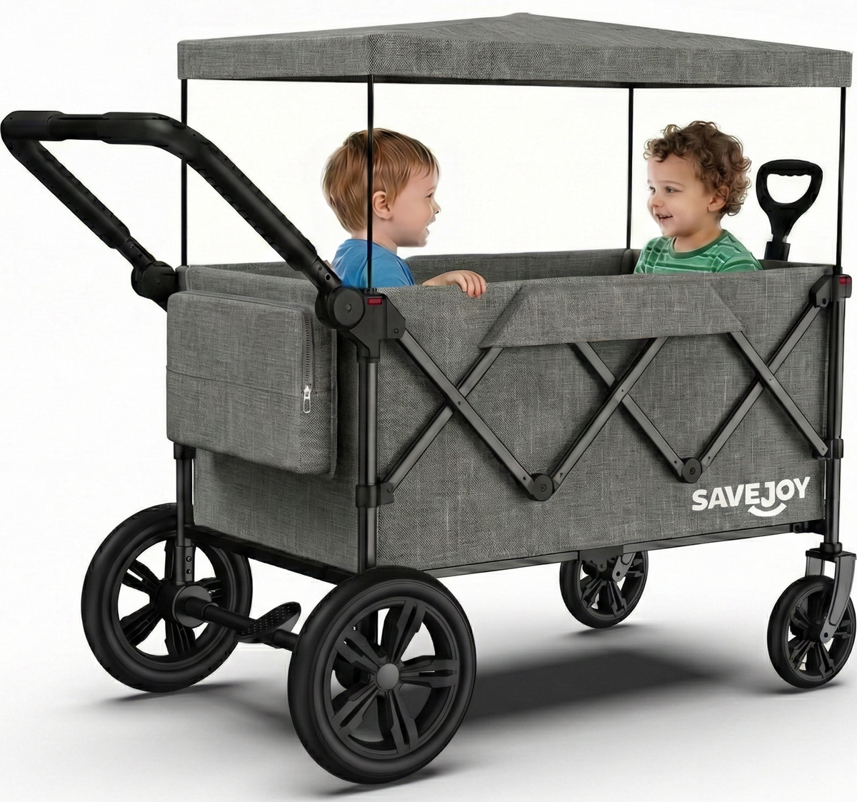 SaveJoy Wagon Stroller, Collapsible Stroller Wagon for 2 Passenger with Adjustable Canopy & 5-Point Harness, Black