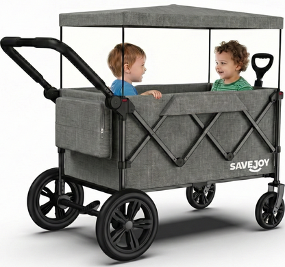 SaveJoy Wagon Stroller, Collapsible Stroller Wagon for 2 Passenger with Adjustable Canopy & 5-Point Harness, Black