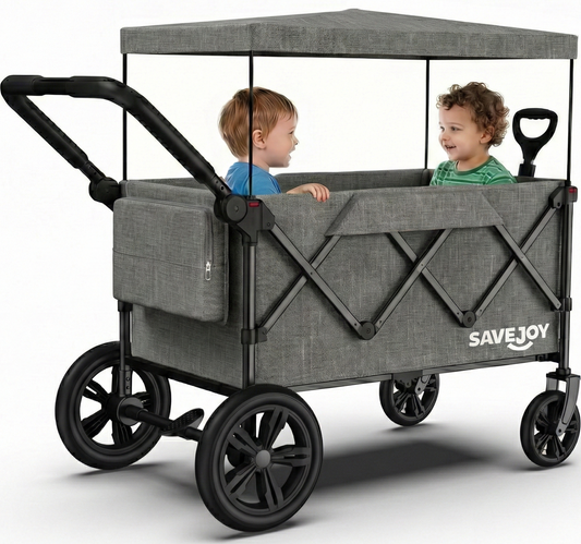 SaveJoy Wagon Stroller, Collapsible Stroller Wagon for 2 Passenger with Adjustable Canopy & 5-Point Harness, Black
