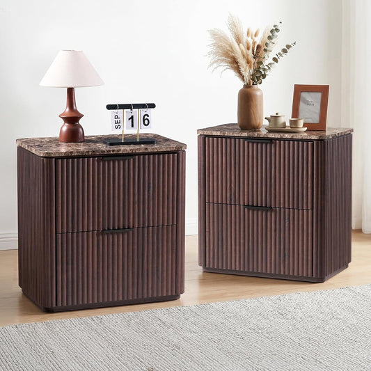 Hvoonc 24" Tall 2 Drawer Fluted Walnut Nightstands for Bedroom Set of 2, Faux Marble Top Gold Handles Bedside Table Modern Furniture