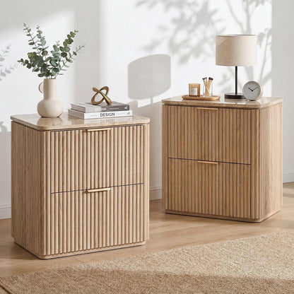 Hvoonc 24" Tall Fluted 2 Drawer Bedside Table Set of 2, Oak Nightstand with Faux Marble Top Gold Handles for Bedroom Storage