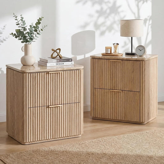 Hvoonc 24" Tall Fluted 2 Drawer Bedside Table Set of 2, Oak Nightstand with Faux Marble Top Gold Handles for Bedroom Storage