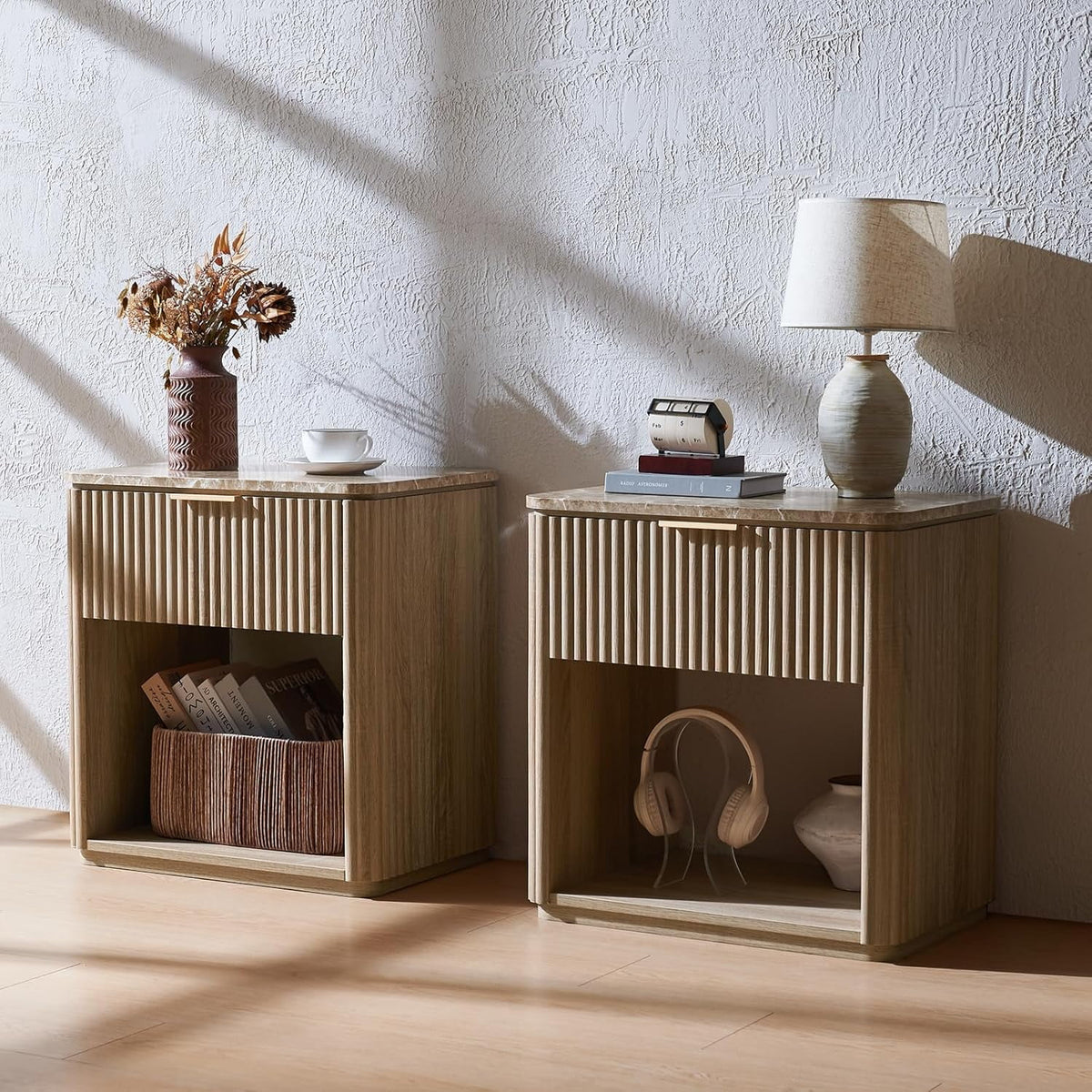 Hvoonc 24" Tall Oak Wooden Nightstand Set of 2, Fluted End Tables with Drawer and Faux Marble Top for Living Room