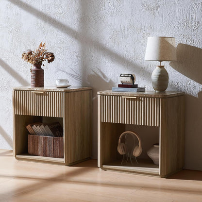 Hvoonc 24" Tall Oak Wooden Nightstand Set of 2, Fluted End Tables with Drawer and Faux Marble Top for Living Room