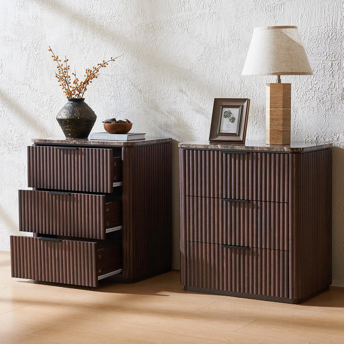Hvoonc 25.3" Tall Set of 2 Modern Fluted Nightstands, 2in Thicker Walnut 3 Drawer Bedside Tables, Faux Marble Top and Rounded Corners