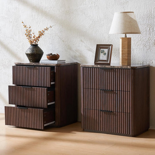 Hvoonc 25.3" Tall Set of 2 Modern Fluted Nightstands, 2in Thicker Walnut 3 Drawer Bedside Tables, Faux Marble Top and Rounded Corners