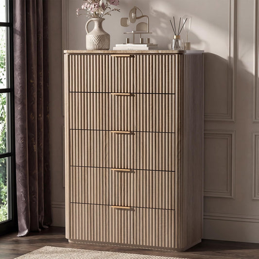 Hvoonc 5 Drawer 46" Tall Dresser with Faux Marble Top, Fluted Oak Chest of Drawers for Bedroom Small Spaces
