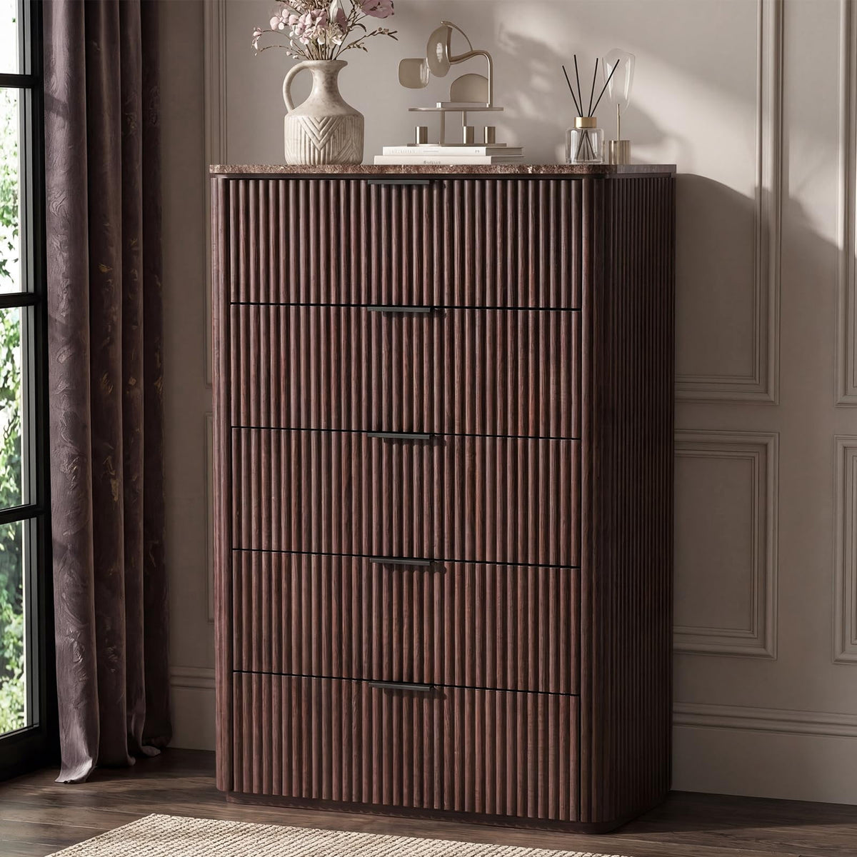 Hvoonc 5 Drawer 46" Tall Dressers for Bedroom, Walnut Chest of Drawers with Faux Marble Top for Living Room Storage