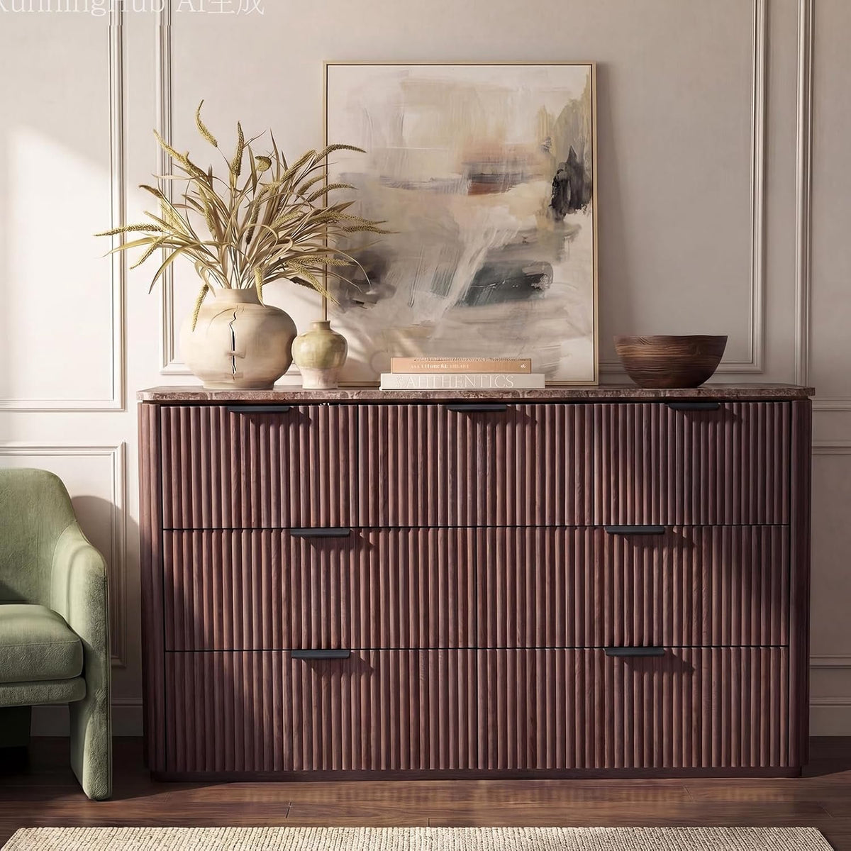 Hvoonc 54.5" Wide 7 Drawer Dresser for Bedroom, Faux Marble Top Walnut Storage Cabinet with 2" Thick Side Board