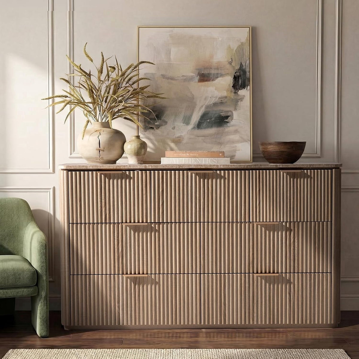 Hvoonc 54.5" Wide 7 Drawer Storage Dresser, Curved-Corner Modern Oak Chest of Drawers for Bedroom with Faux Marble Top