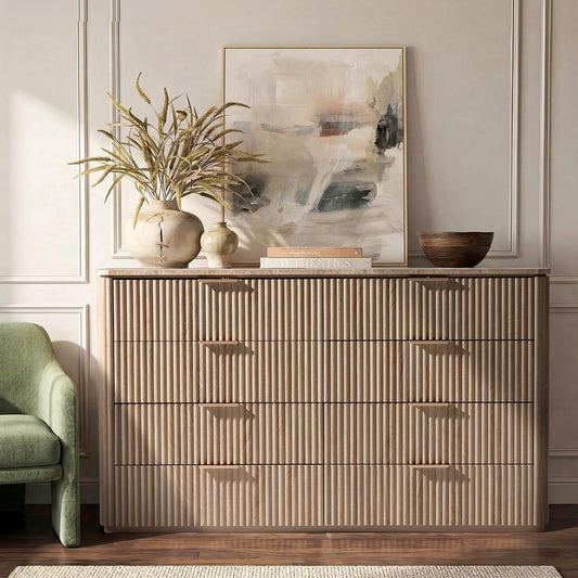 Hvoonc 54.5" Wide 8 Drawer Double Dresser, Modern Oak Fluted Wood Bedroom Storage Cabinet with Faux Marble Top
