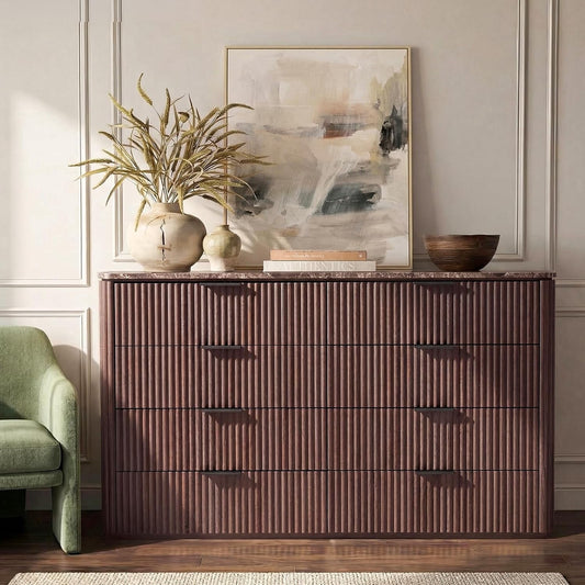 Hvoonc 54.5" Wide 8 Drawer Double Dresser with Faux Marble Top, Walnut Fluted Storage Cabinet for Bedroom Living Room