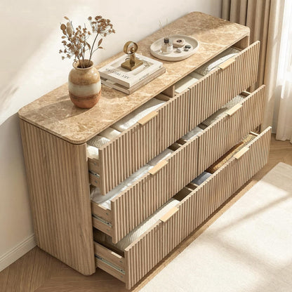 Hvoonc 54.5" Wide 6 Drawer Dresser for Bedroom with Faux Marble Top, Modern Curved-Corner Fluted Oak Storage Cabinet