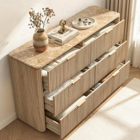 Hvoonc 54.5" Wide 6 Drawer Dresser for Bedroom with Faux Marble Top, Modern Curved-Corner Fluted Oak Storage Cabinet
