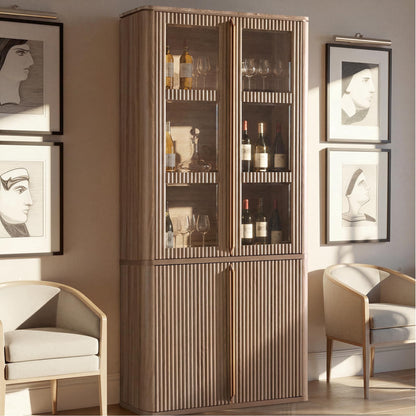 Hvoonc 77" Tall Fluted Accent Cabinet with Glass Doors, Oak Storage Cabinet with Faux Marble Top and Adjustable Shelves for Living Room Bedroom Dining Room Office