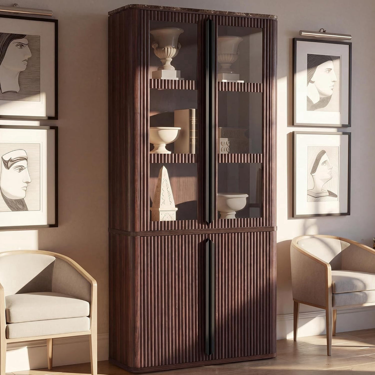 Hvoonc 77" Tall Modern Fluted Storage Cabinet, Walnut Glass Door Accent Cabinet with Adjustable Shelves for Living Room Bedroom Office