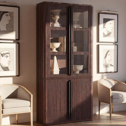 Hvoonc 77" Tall Modern Fluted Storage Cabinet, Walnut Glass Door Accent Cabinet with Adjustable Shelves for Living Room Bedroom Office