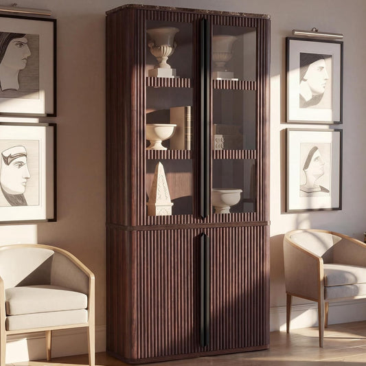 Hvoonc 77" Tall Modern Fluted Storage Cabinet, Walnut Glass Door Accent Cabinet with Adjustable Shelves for Living Room Bedroom Office