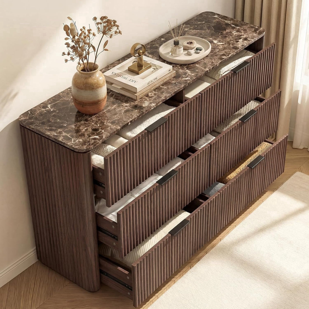 Hvoonc 54.5" Wide 6 Drawer Bedroom Dresser with Faux Marble Top, Modern Walnut Fluted Chest of Drawers for Storage
