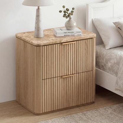 Hvoonc 24"H Modern Fluted Nightstand with 2 Drawer and Faux Marble Top, Light Wood Oak Bedside Table for Bedroom