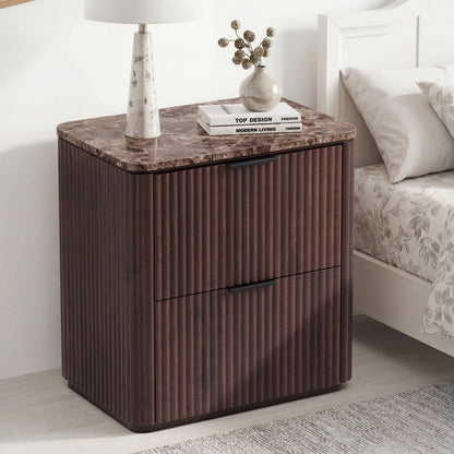 Hvoonc 2 Drawer Walnut Nightstand with Faux Marble Top, 24"H Modern Luxury Fluted Bedside Table for Bedroom & Living Room