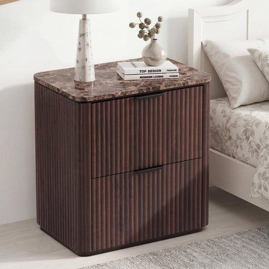 Hvoonc 2 Drawer Walnut Nightstand with Faux Marble Top, 24"H Modern Luxury Fluted Bedside Table for Bedroom & Living Room