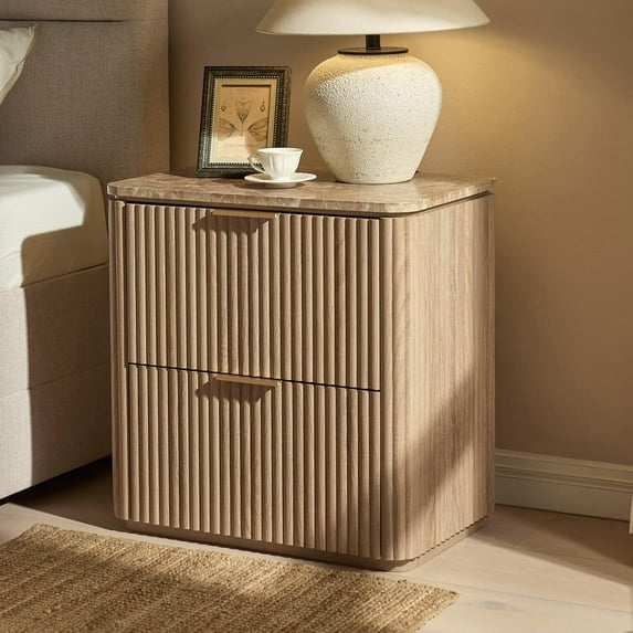 Hvoonc Fluted Nightstand with 2 Drawers, Solid Wood & Faux Marble Bedside Table, Modern Accent Furniture for Bedroom, Natural Oak