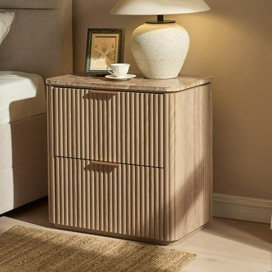 Hvoonc Fluted Nightstand with 2 Drawers, Solid Wood & Faux Marble Bedside Table, Modern Accent Furniture for Bedroom, Natural Oak