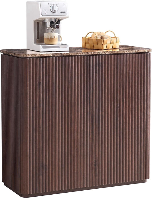 Hvoonc Walnut Sideboard Buffet Cabinet with Storage, 2 Doors 34'' Fluted Credenza Kitchen Cabinet Storage with Adjustable Shelves for Living Room, Entryway, Kitchen