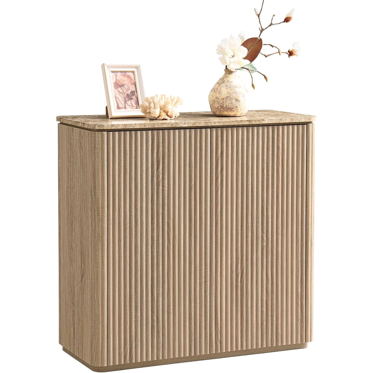 Hvoonc Sideboard Buffet Cabinet with Storage, 2 Doors 35'' Fluted Credenza Kitchen Cabinet Storage with Adjustable Shelves for Living Room, Entryway, Kitchen, Natural Oak