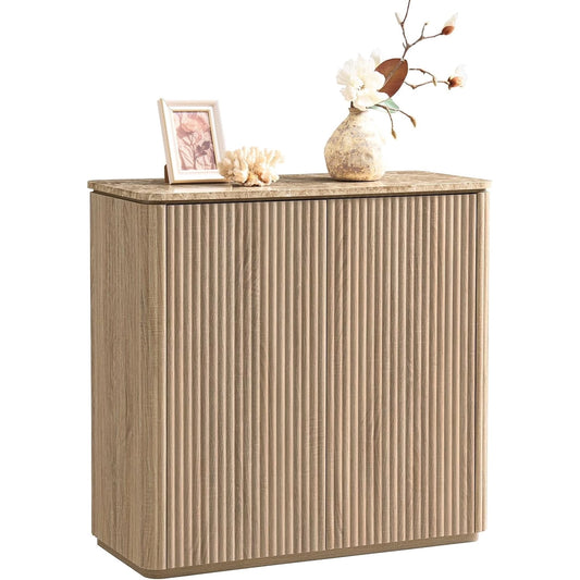 Hvoonc Sideboard Buffet Cabinet with Storage, 2 Doors 35'' Fluted Credenza Kitchen Cabinet Storage with Adjustable Shelves for Living Room, Entryway, Kitchen, Natural Oak