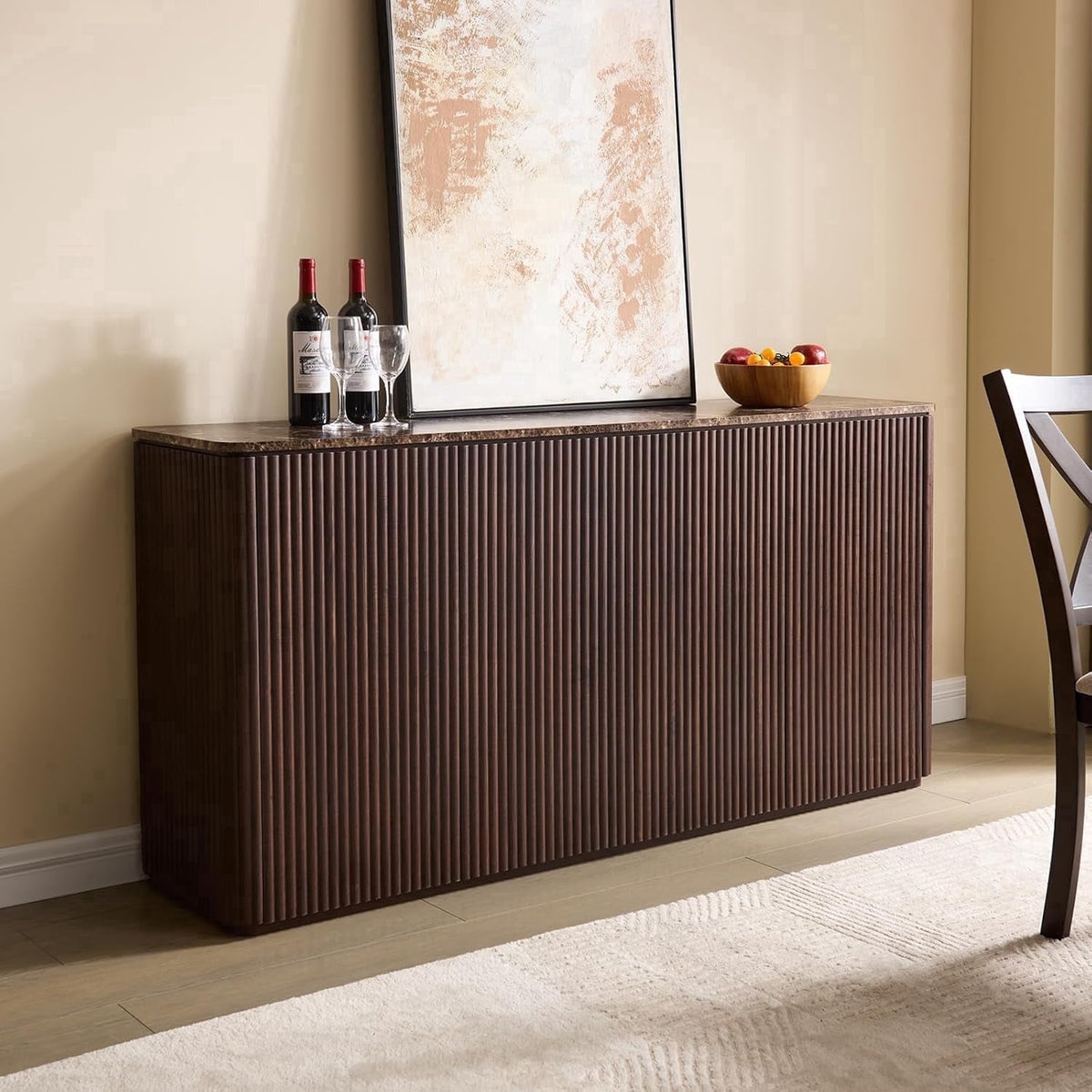Hvoonc 4 Doors 65'' Sideboard Buffet Cabinet with Storage, Walnut Fluted Credenza Kitchen Cabinet Storage with Adjustable Shelves for Living Room, Entryway, Kitchen
