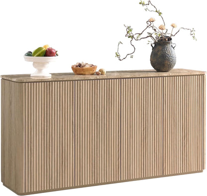 Hvoonc 4 Doors 65'' Sideboard Buffet Cabinet with Storage, Oak Fluted Credenza Kitchen Cabinet Storage with Adjustable Shelves for Living Room, Entryway, Kitchen