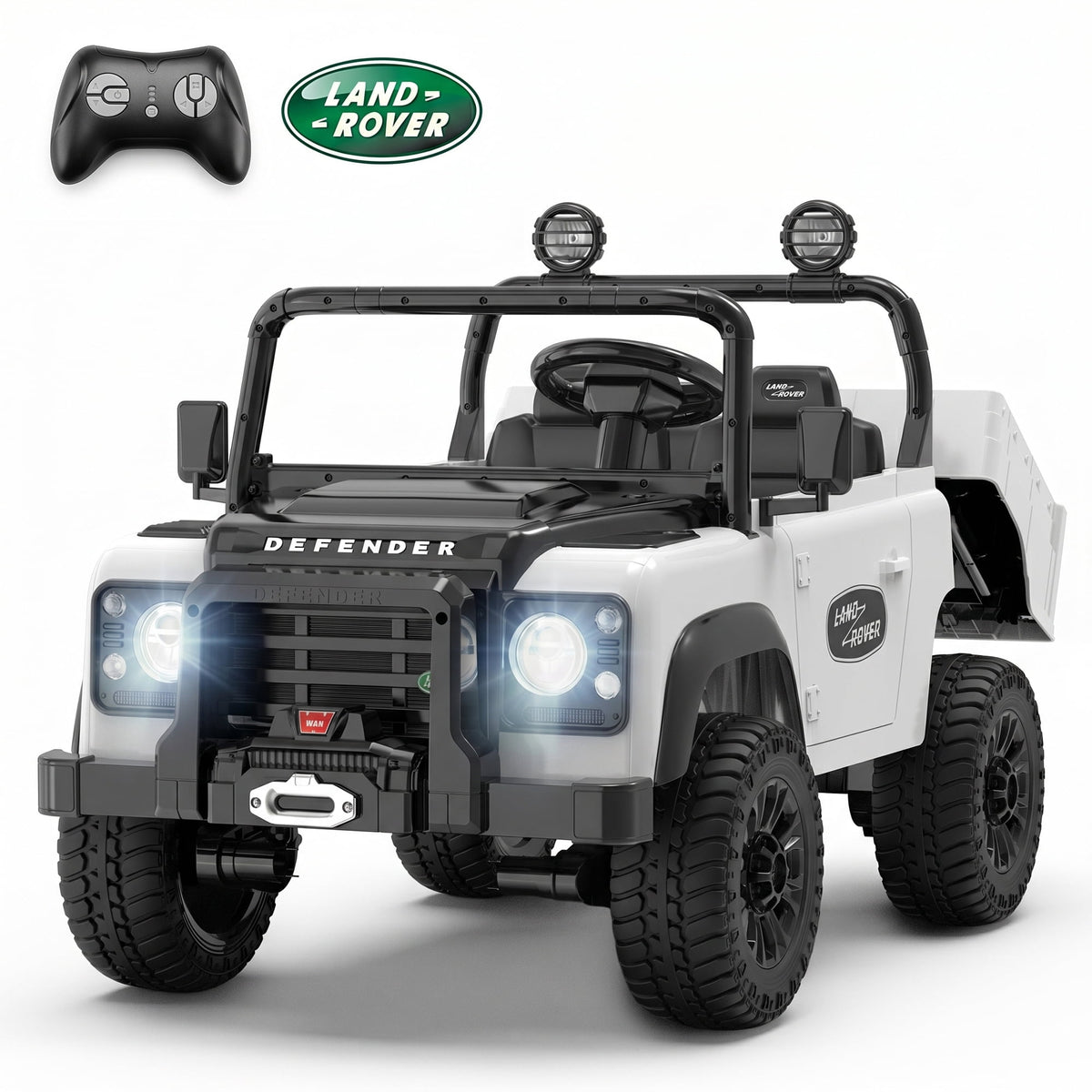 SaveJoy Licensed Land Rover Defender 24V 2-Seater Ride-On, 4WD 400W Electric Truck with Motorized Dump Bed & Remote,White