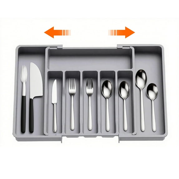 ORFELD Extendable Utensil Tray for Drawer,Multipurpose Kitchen Organizers and Storage Solution，Adjustable BPA-Free Cutlery Holder for Spoons, Forks, Grey